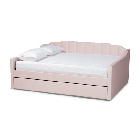Baxton Studio Lennon Modern and Contemporary Pink Velvet Fabric Full Size Daybed with Trundle 186-11473-Zoro